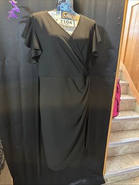 Elegant Black Faux-Wrap Midi Dress with Flutter Sleeves